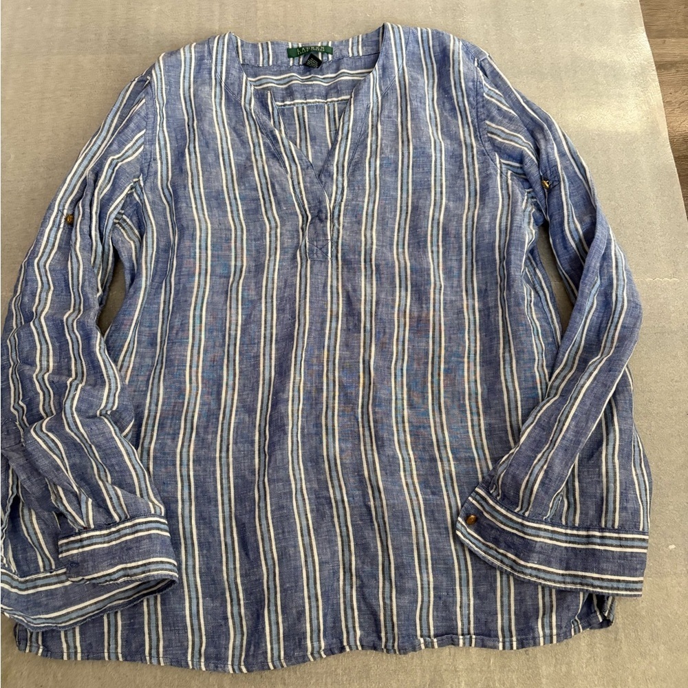 [XL]Ralph Lauren Blue White Striped Linen Casual LS Shirt Rollable Sleeves